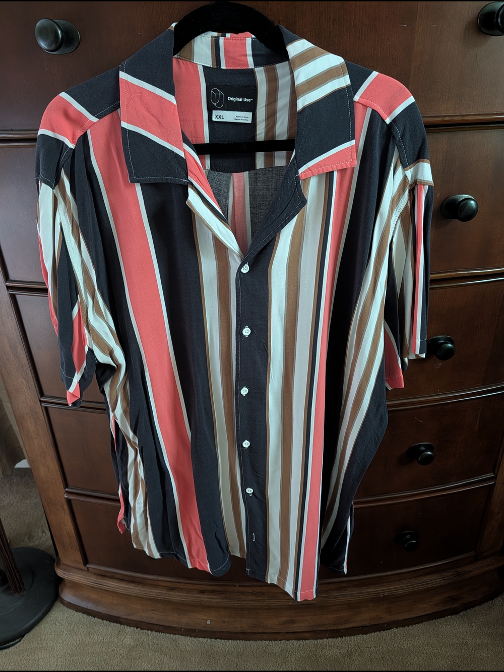 Original Use Men’s Striped Short-Sleeve Button-Up Shirt - Coral, Black, Brown